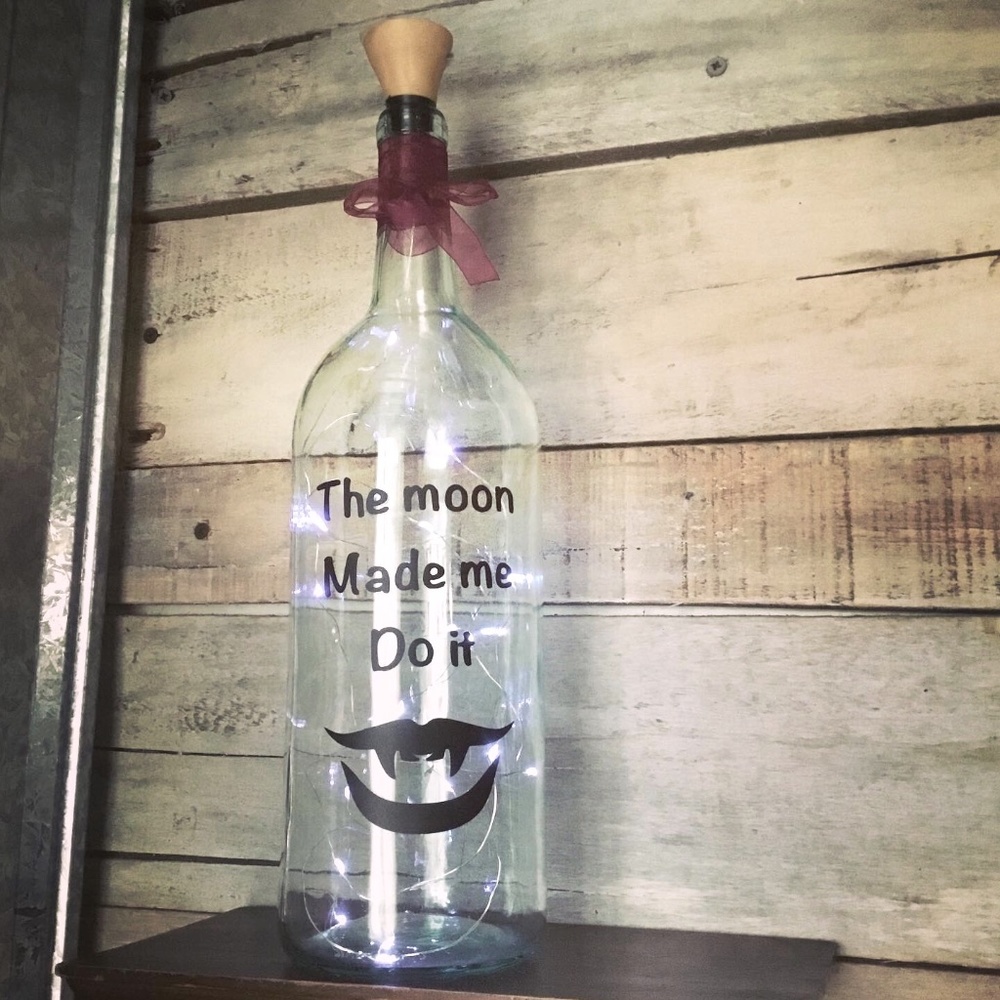 Handmade- ‘The moon made me do it’ wine bottle lantern